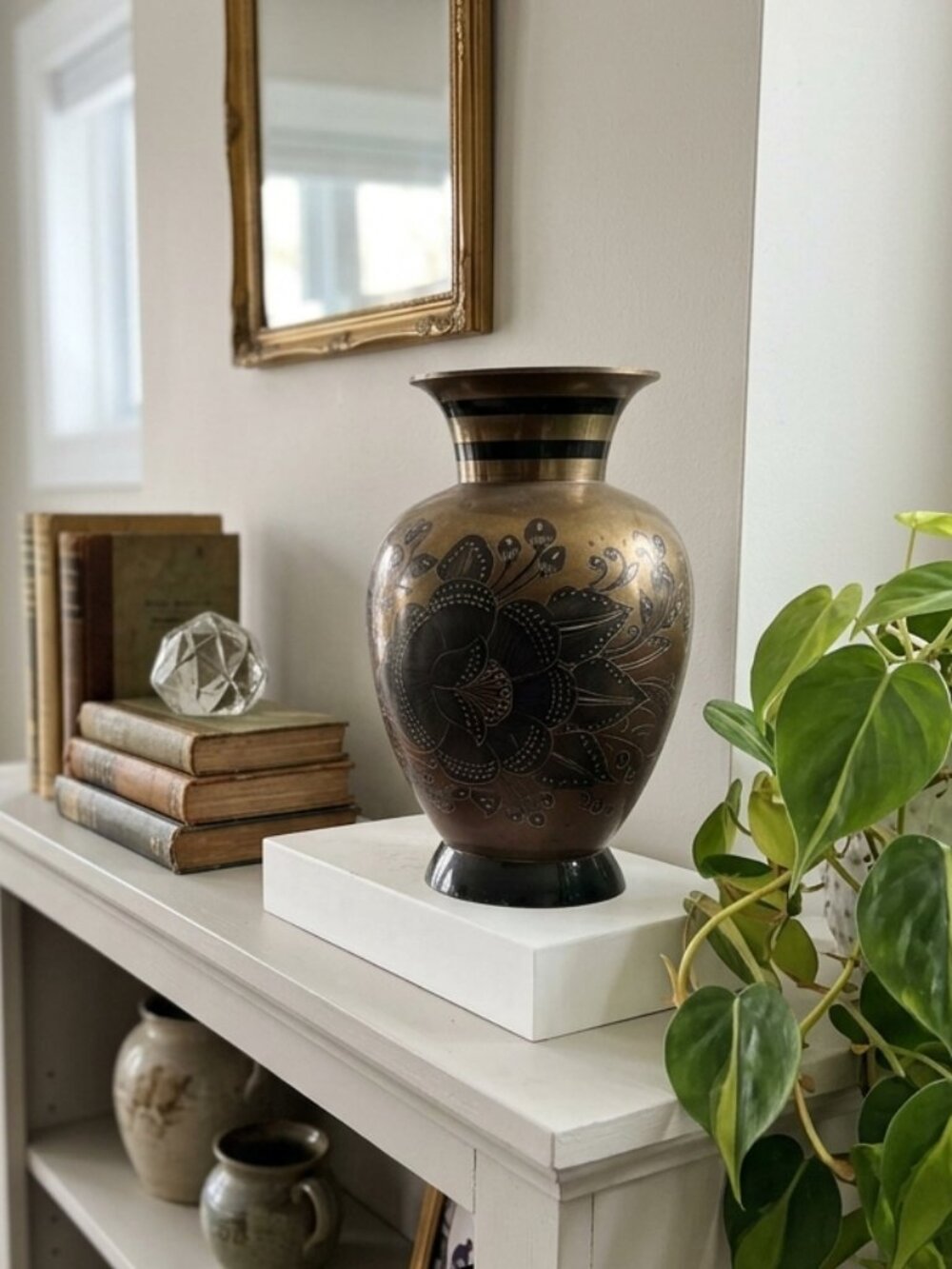 Vintage Large Brass Vase ornate etched 2 tone black floral flowers